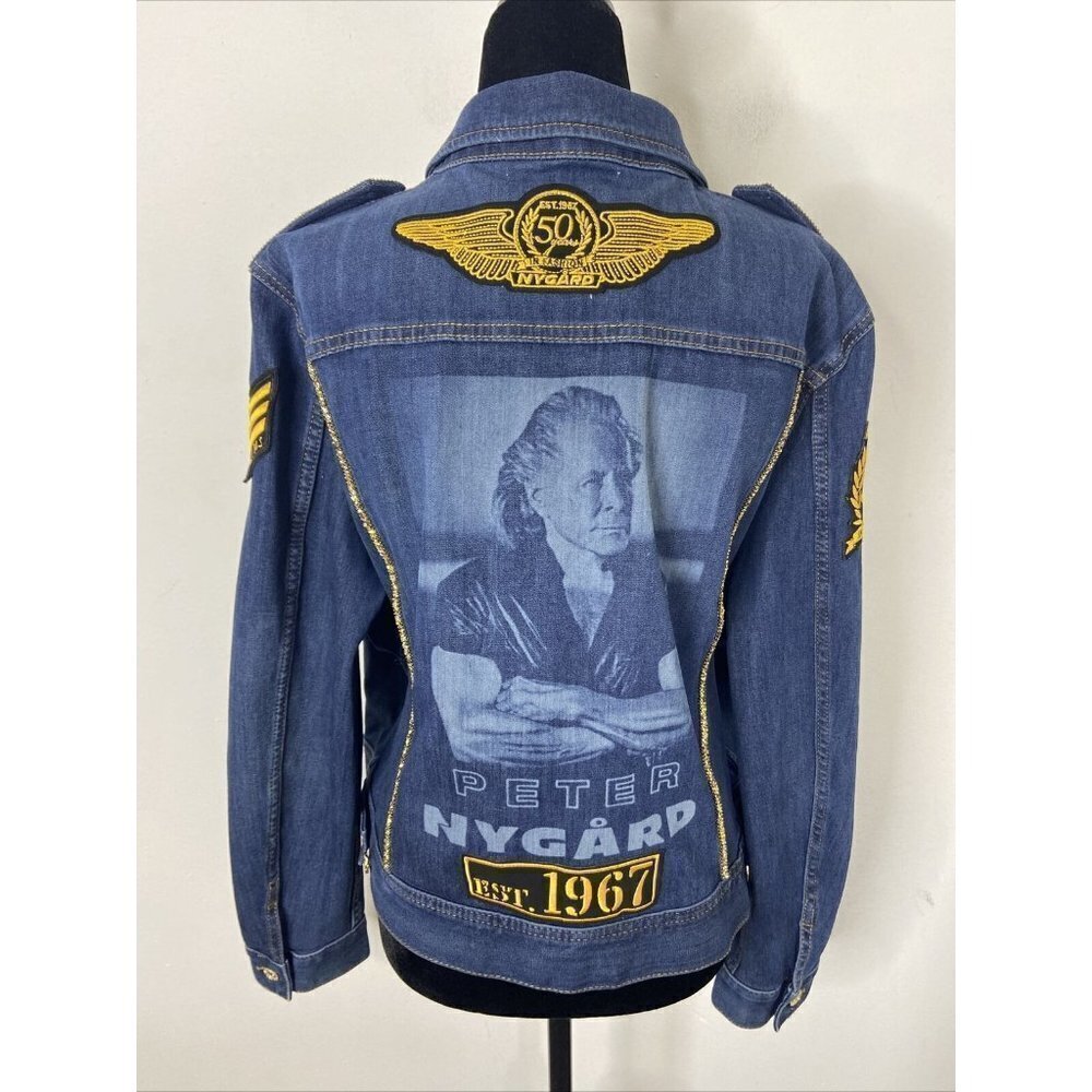 Peter Nygard 50th Anniversary Woman L Denim Jacket Military‎ Loud Embellished